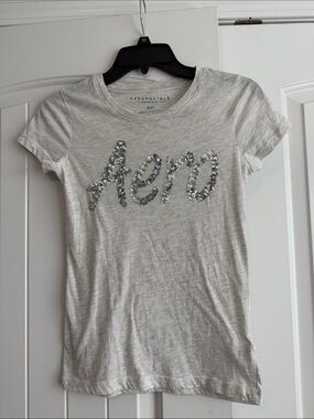 Aeropostale Light Gray Short Sleeve Tee with Silver Sequin 'Aero'